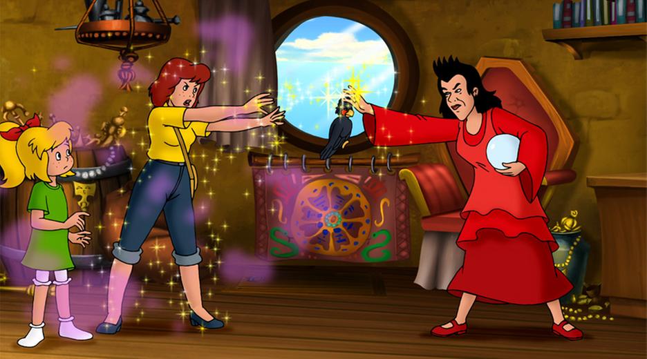 Bibis Mutter hext gegen die böse Hexe Malicia, die eine Zauberkugel in der Hand hält. Bibi schaut besorgt zu.