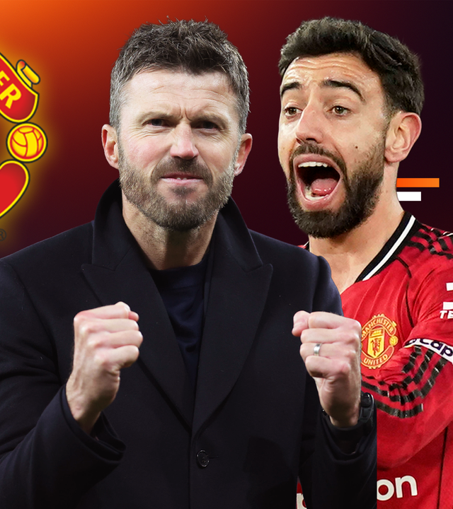Neben dem Logo von Manchester United Trainer Michael Carrick und Bruno Fernandes.