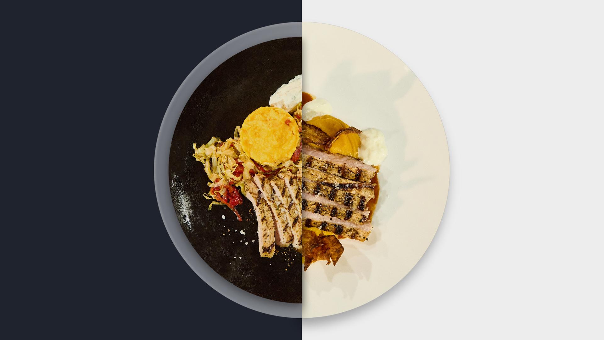 Mangalica-Schwein „Szegediner Art“ mit Paprikajus, Süßkartoffelpüree, Spitzkohlgemüse und Süßkartoffelchips