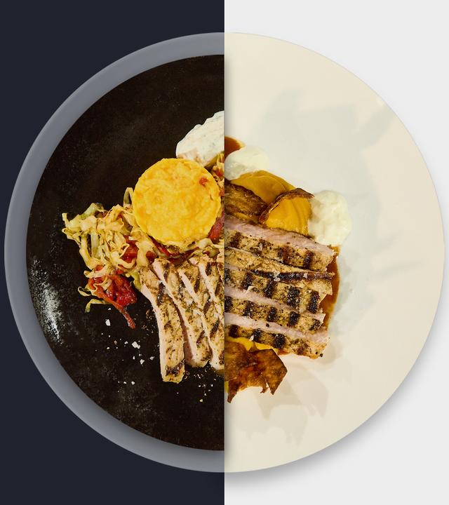 Mangalica-Schwein „Szegediner Art“ mit Paprikajus, Süßkartoffelpüree, Spitzkohlgemüse und Süßkartoffelchips