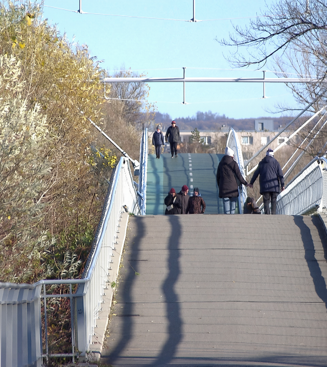 Das Bild zeigt eine Fahrrad- und Fußgängerbrücke, die von Marchegg in die Slowakei führt. Die Brücke hat eine gebogene Form und ist aus Metall mit einem glatten Belag. Auf der Brücke sind mehrere Fußgänger zu sehen, die in beide Richtungen gehen. Einige Personen tragen warme Kleidung, da es anscheinend kühl ist.   Auf beiden Seiten der Brücke wachsen Bäume und Sträucher, die teilweise verblühte Blätter zeigen. Im Hintergrund sind einige Gebäude sichtbar, die leicht unscharf sind und aufgrund der Entfernung nicht genau zu erkennen sind. Der Himmel ist klar und blau.   Die gesamte Szene vermittelt eine ruhige Atmosphäre, die den Grenzbereich zwischen Österreich und der Slowakei symbolisiert.