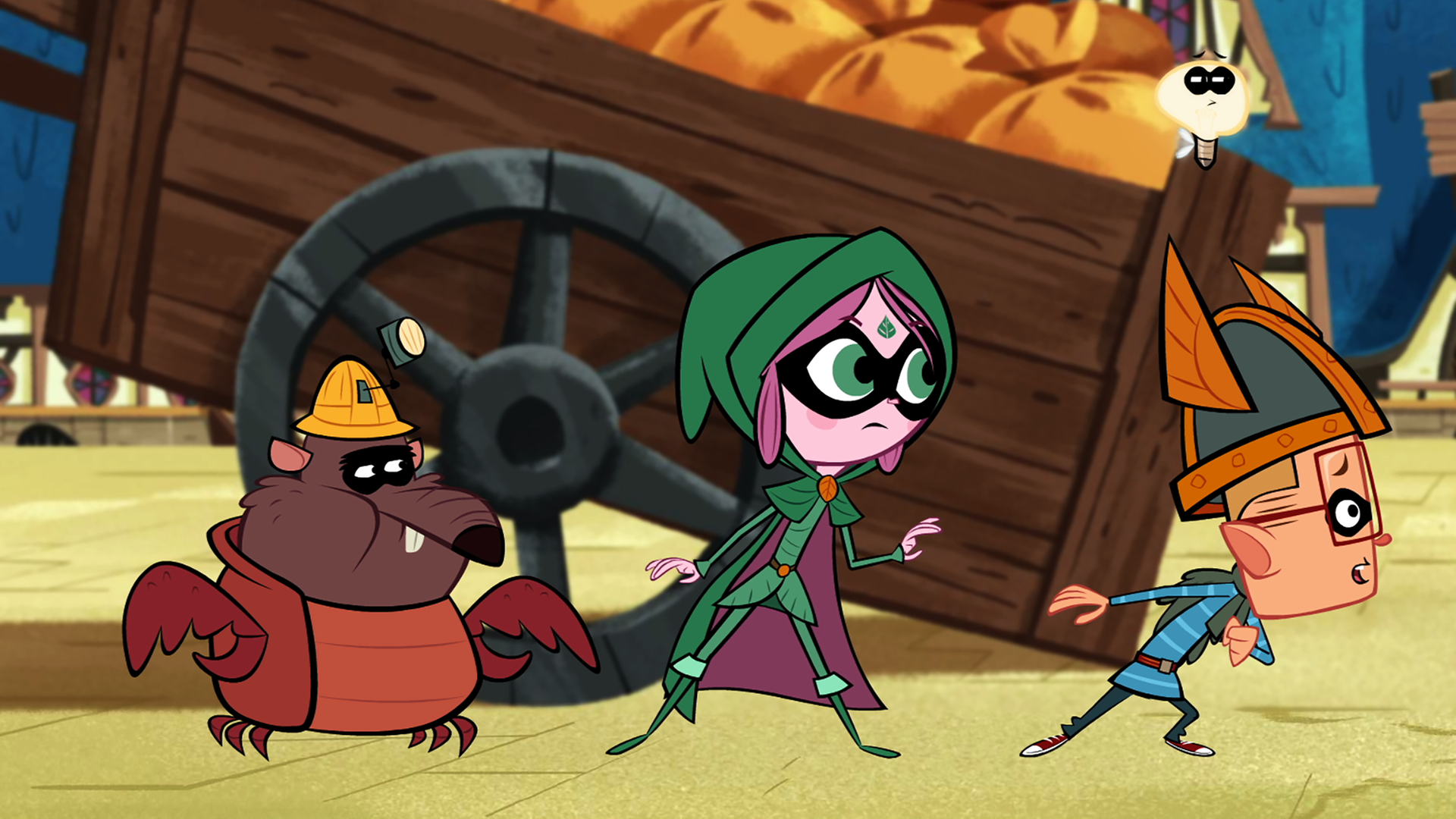 Geduckt stehen Marcus, Ephi und Ratrick in einer Reihe neben dem Wagen und warten bis Vipkrad verschwunden ist. Die drei tragen Banditenmasken als Verkleidung.