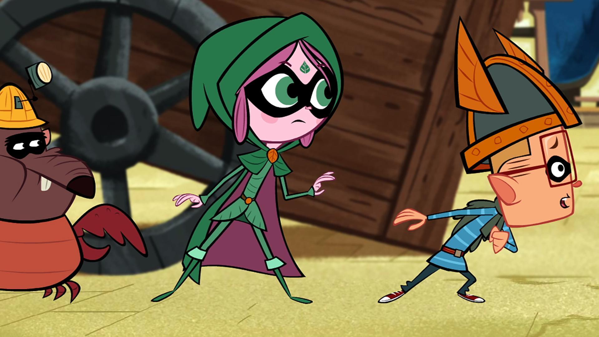 Geduckt stehen Marcus, Ephi und Ratrick in einer Reihe neben dem Wagen und warten bis Vipkrad verschwunden ist. Die drei tragen Banditenmasken als Verkleidung.