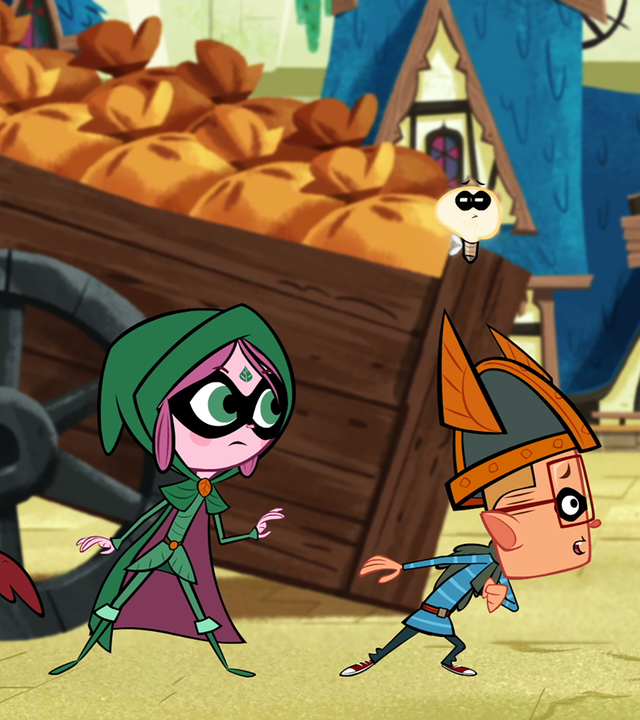 Geduckt stehen Marcus, Ephi und Ratrick in einer Reihe neben dem Wagen und warten bis Vipkrad verschwunden ist. Die drei tragen Banditenmasken als Verkleidung.