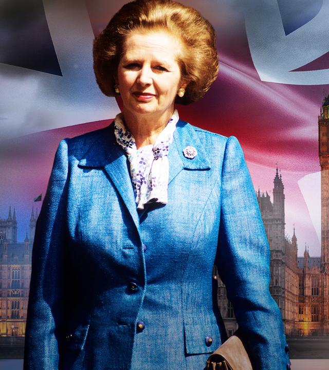 Margaret Thatcher vor dem BigBen und einer Flagge der UK. Mirko Drotschmann rechts im Bild. 