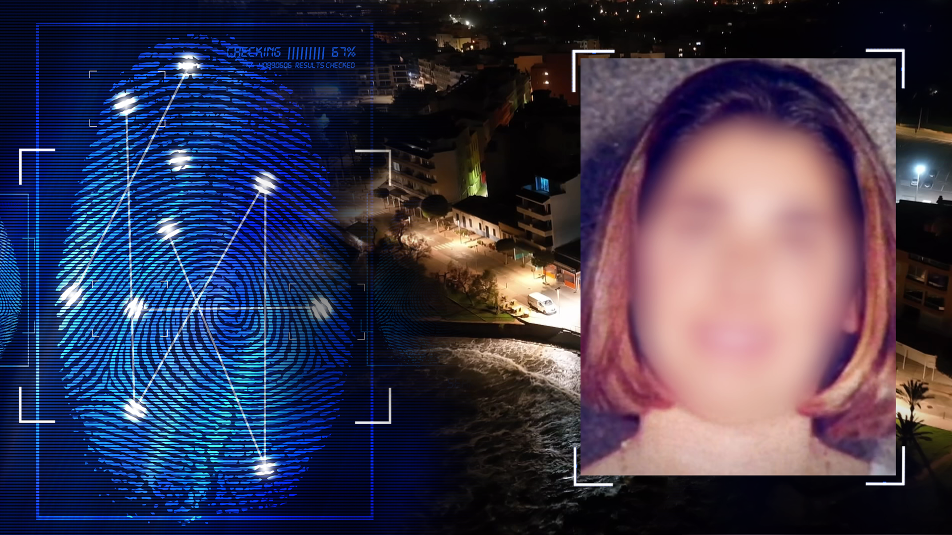 Portraitfoto des Opfers Maria. Im Hintergrund Luftbild des Tatorts bei Nacht - ein Club auf der Insel Mallroca. Links daneben: Lichtschematische Darstellung eines Fingerabdrucks.