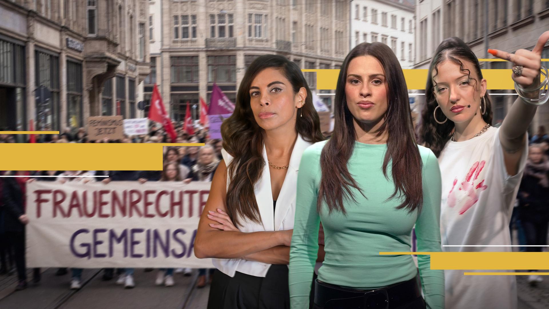 Moderatorin Salwa Houmsi mit Rapperin Mariybu und Collien Fernandes stehen selbstbewusst vor einer Demonstration für Frauenrechte.