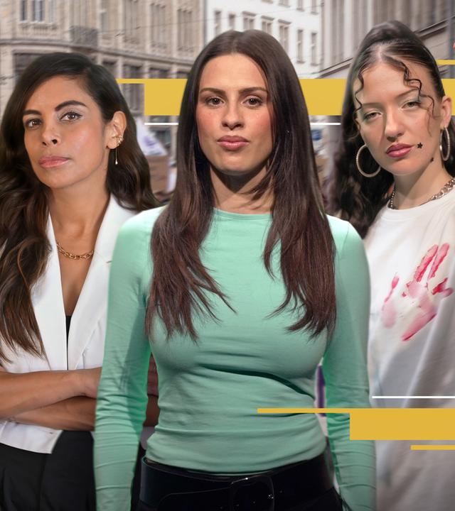 Moderatorin Salwa Houmsi, Rapperin Mariybu und Collien Fernandes stehen selbstbewusst vor einer Demonstration für Frauenrechte.