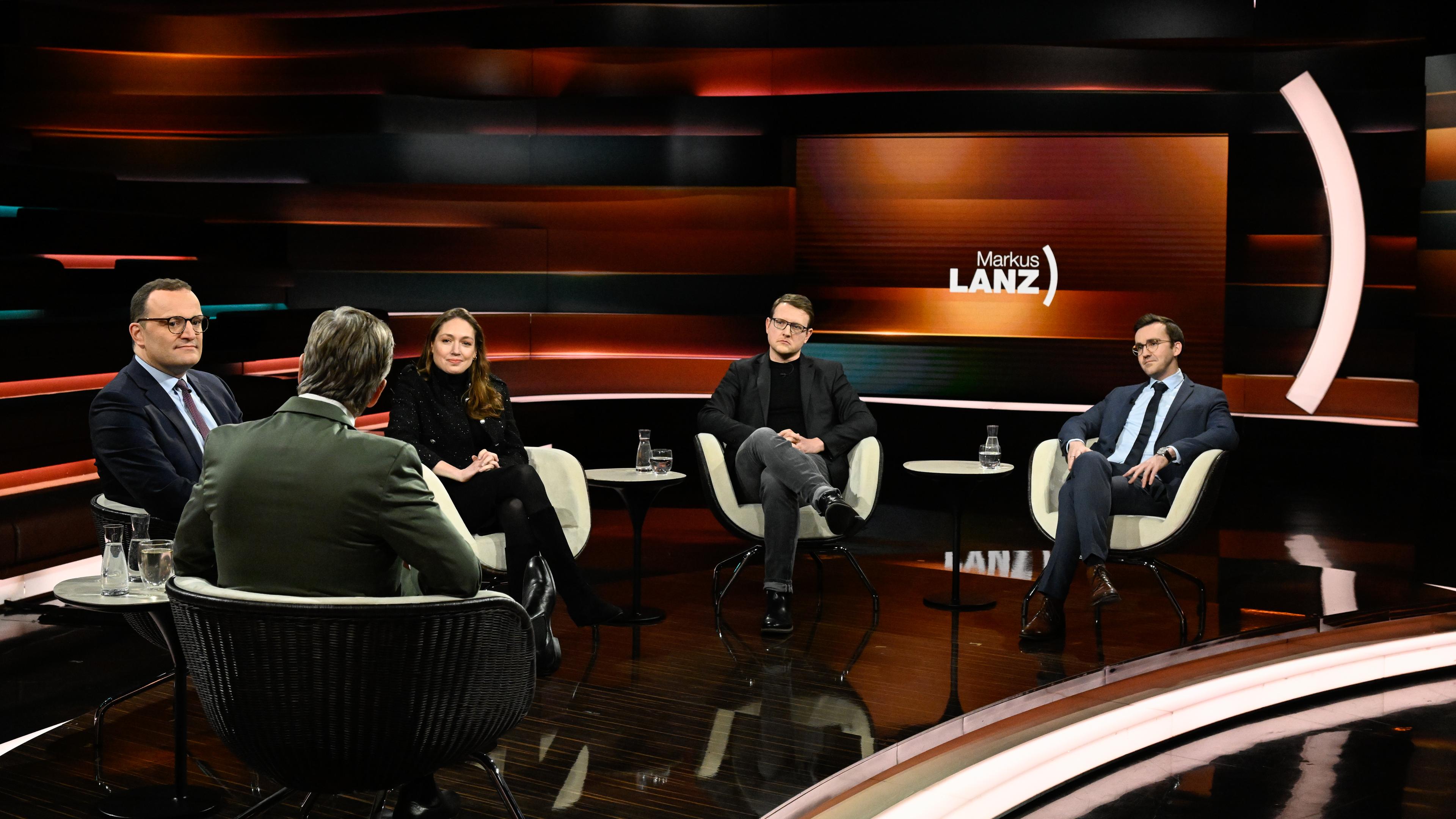 Markus Lanz vom 11. Januar 2024: Jens Spahn, Markus Lanz, Philippa Sigl-Glöckner, Matthias Quent, Martin Machowecz
