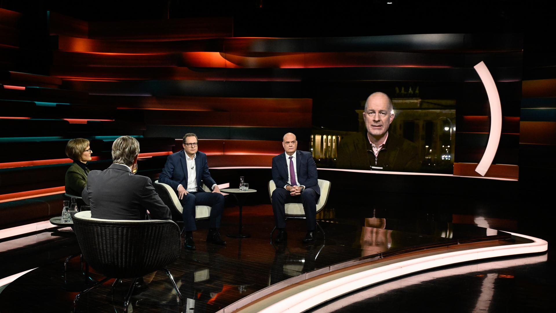 Markus Lanz von 15. Januar 2026: Franziska Brantner, Markus Lanz, Martin Huber, Robin Alexander, Christian Mölling