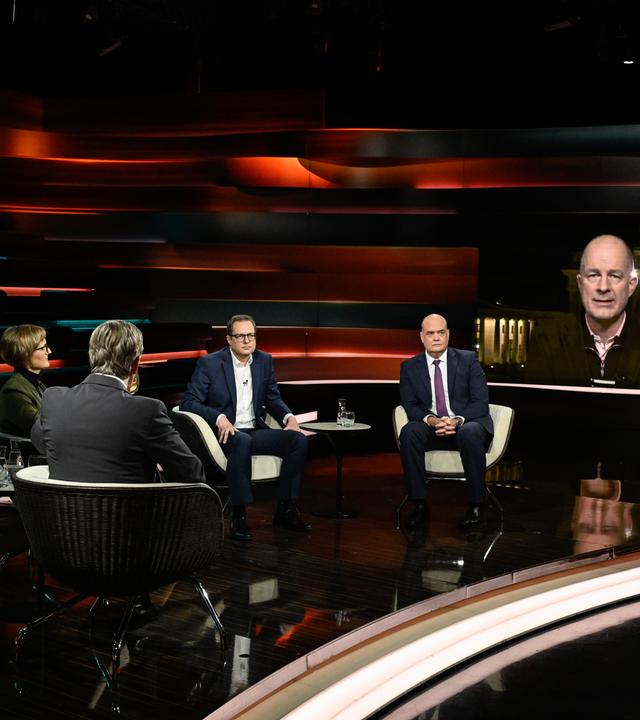 Markus Lanz von 15. Januar 2026: Franziska Brantner, Markus Lanz, Martin Huber, Robin Alexander, Christian Mölling