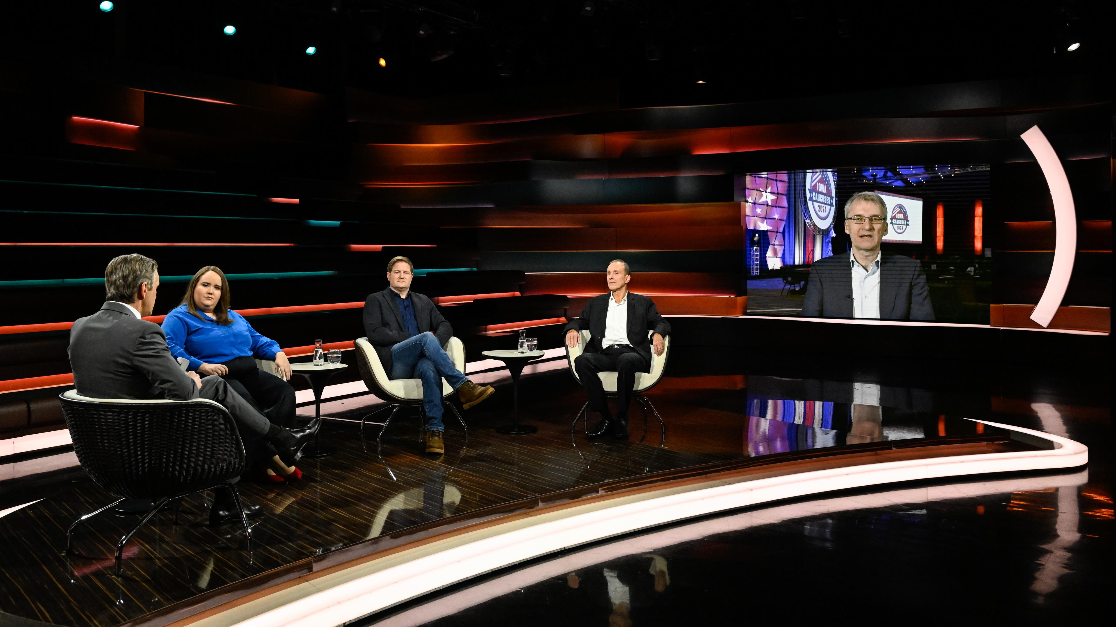 Markus Lanz vom 16. Januar 2024: Markus Lanz, Ricarda Lang, Michael Bröcker, Adrian Geiges, Elmar Theveßen (zugeschaltet)
