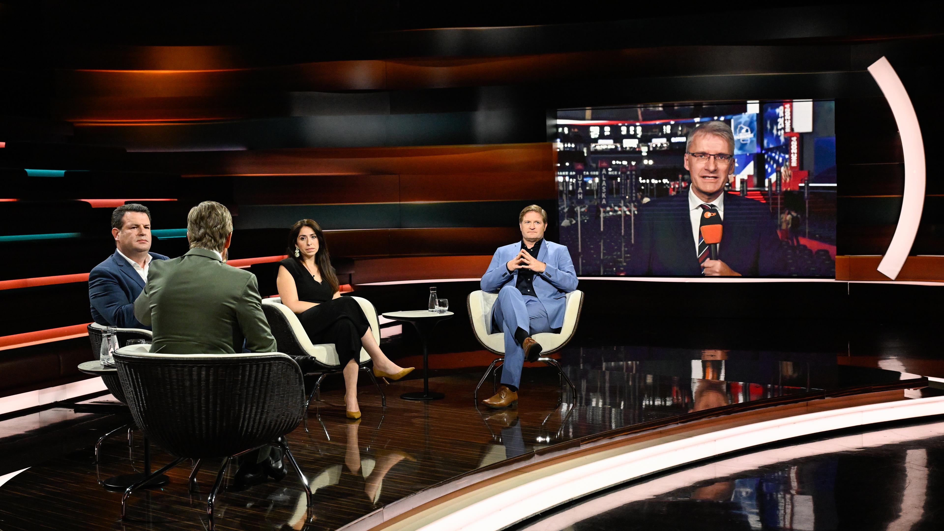 Markus Lanz vom 16. Juli 2024: Hubertus Heil, Markus Lanz, Melis Sekmen, Michael Bröcker,  Elmar Theveßen (zugeschaltet)