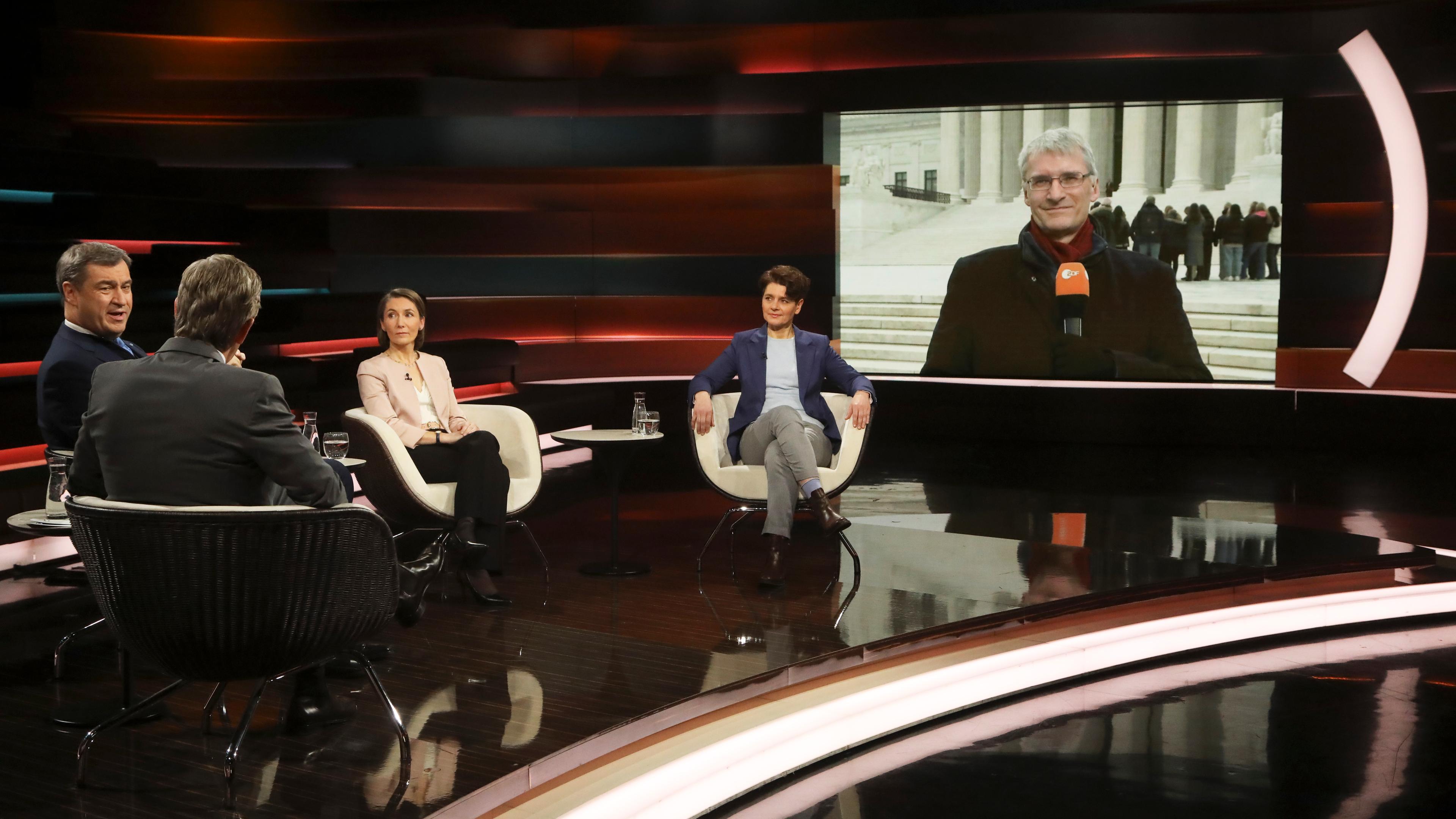 Markus Lanz vom 24. Januar 2024: Markus Söder, Markus Lanz, Claudia Major, Anna Lehmann, Elmar Theveßen (zugeschaltet)