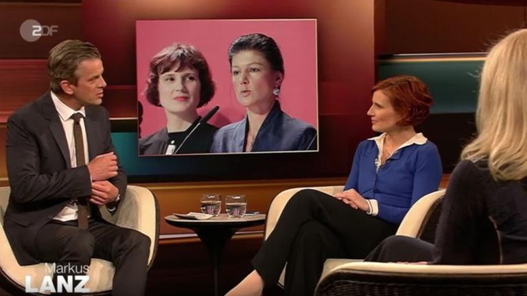 Markus Lanz vom 19. März 2019: Markus Lanz, Katja Kipping, Kristina Dunz (Foto im Hintergrund Katja Kipping, Sahra Wagenknecht)