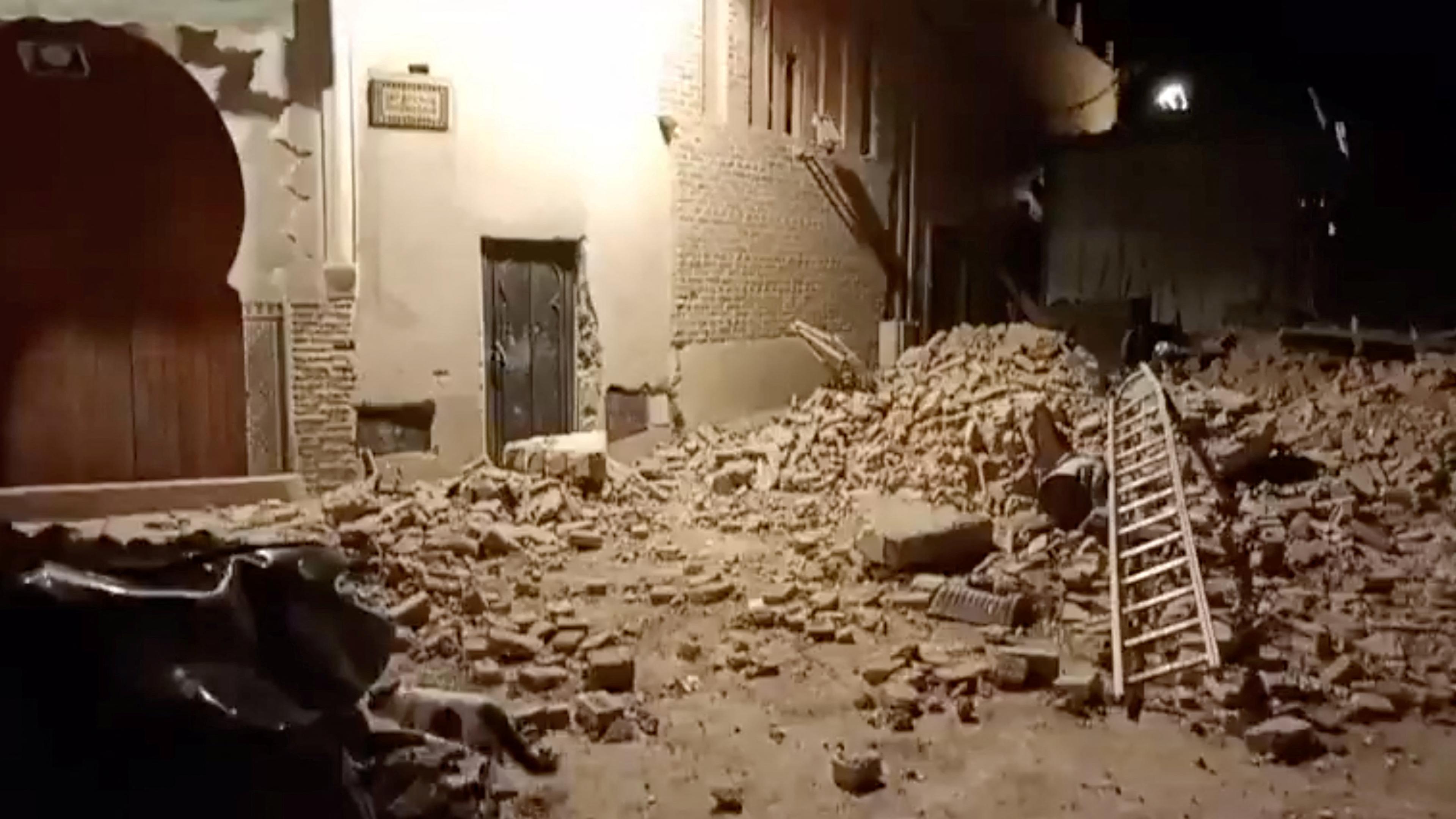 View of debris in the aftermath of an earthquake in Marrakech, Morocco September 9, 2023 in this screen grab from a social media video in this picture. 