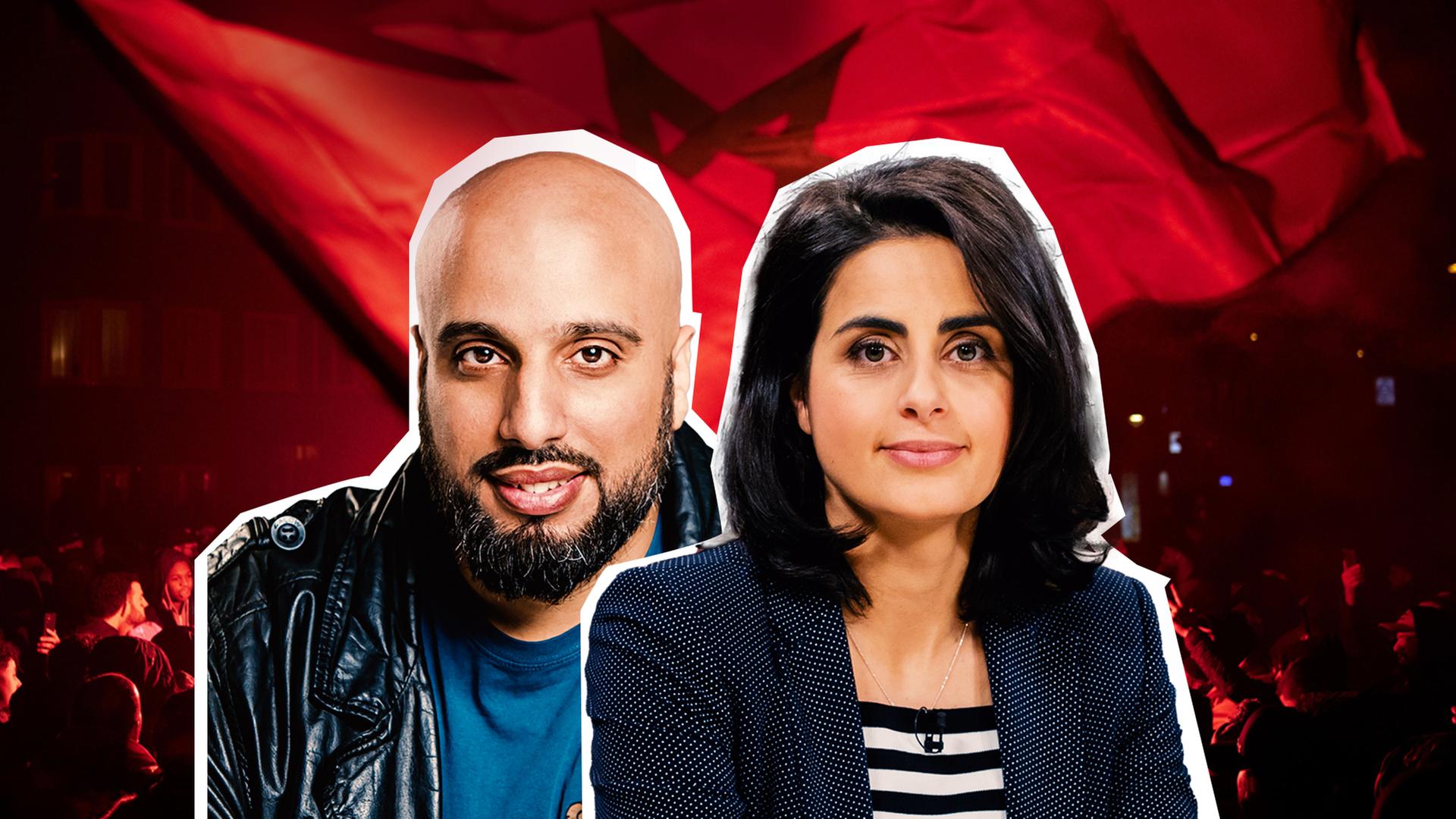 Marokkanische Flagge. Davor: Abdelkarim und Sineb Al-Masrar