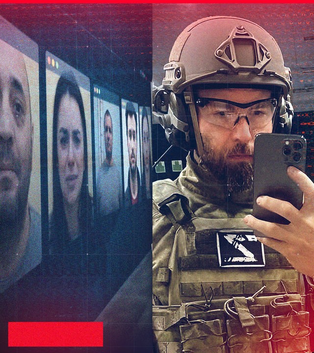 Splitscreen, rechts: Ex-Wirecard-Vorstand Jan Marsalek macht Selfie in Kampfuniform. Links: Fotos von Personen aus dem Spionagering, den Marsalek weltweit gesteuert hatte.