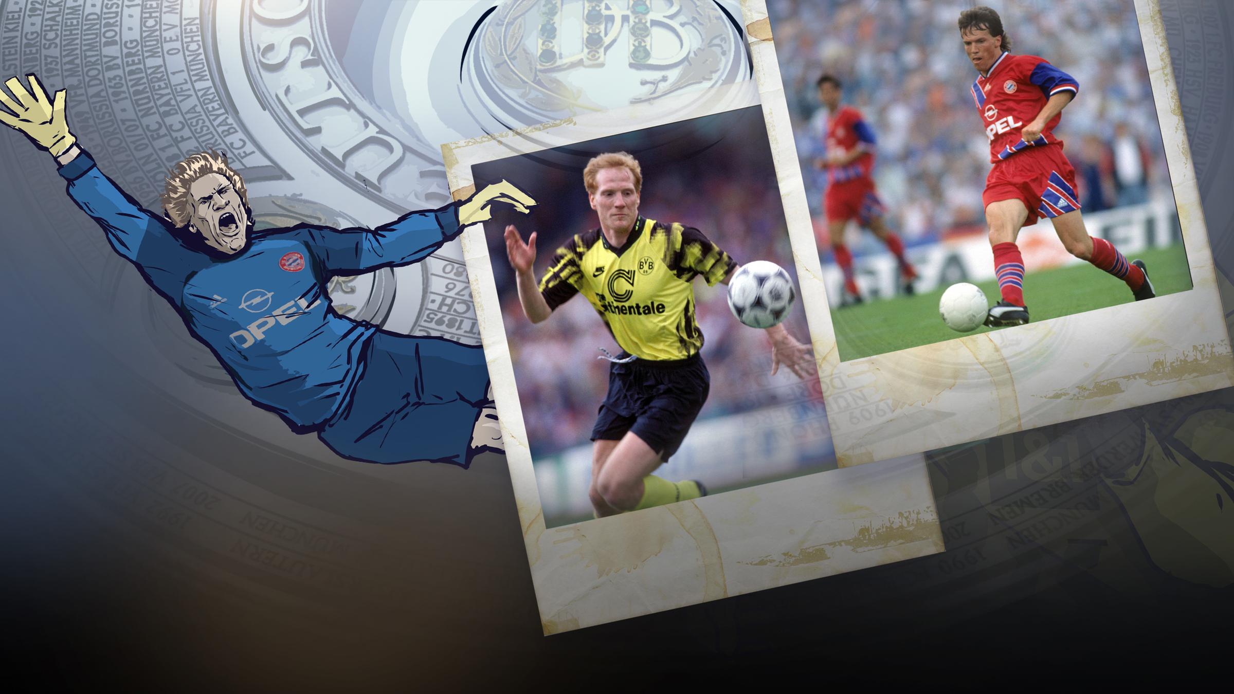 Karrikatur von Oliver Kahn vor der gezeichneten Meisterschale. Matthäus und Sammer