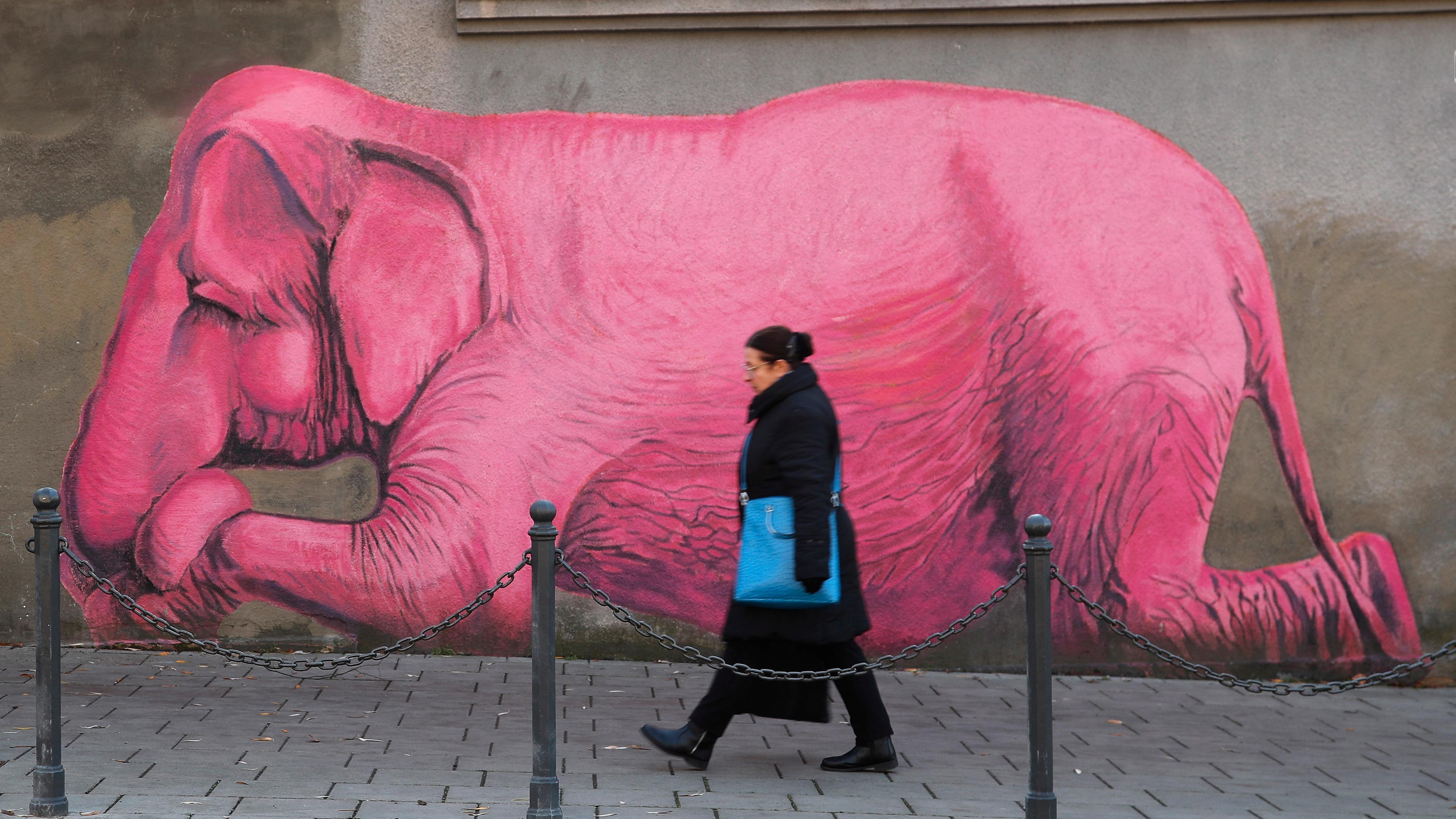 Eine Mauer, auf die ein großer pinker Elefant gemalt wurde