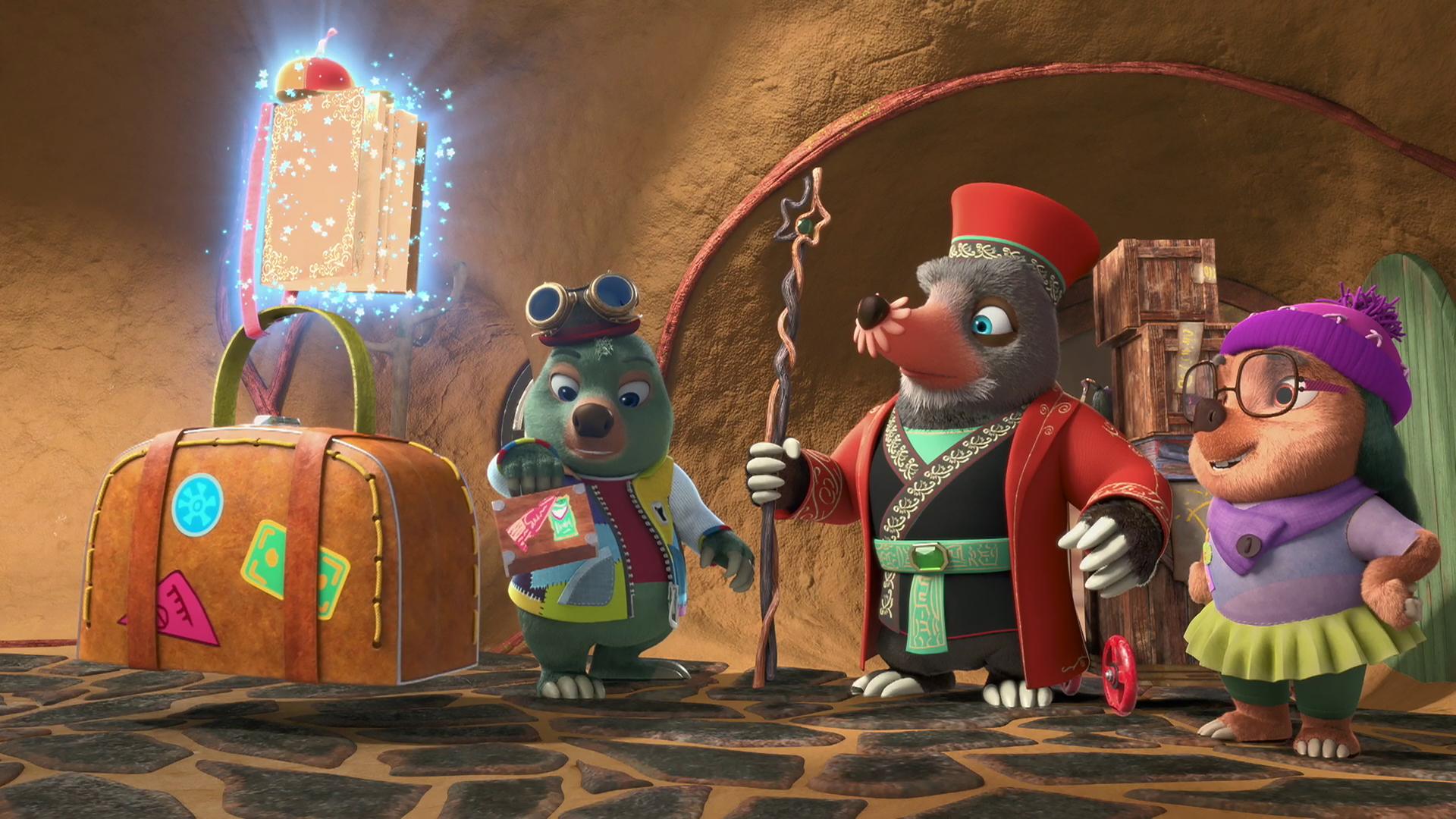 Moley steht reisefertig neben seinem gepackten Koffer. Ihm gegenüber stehen der mystische Mull und Dotty, die ihn verabschieden. Über ihnen schwebt stark glitzernd das magische Buch Mauli.