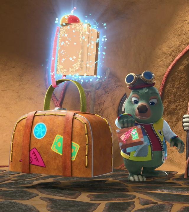Moley steht reisefertig neben seinem gepackten Koffer. Ihm gegenüber stehen der mystische Mull und Dotty, die ihn verabschieden. Über ihnen schwebt stark glitzernd das magische Buch Mauli.