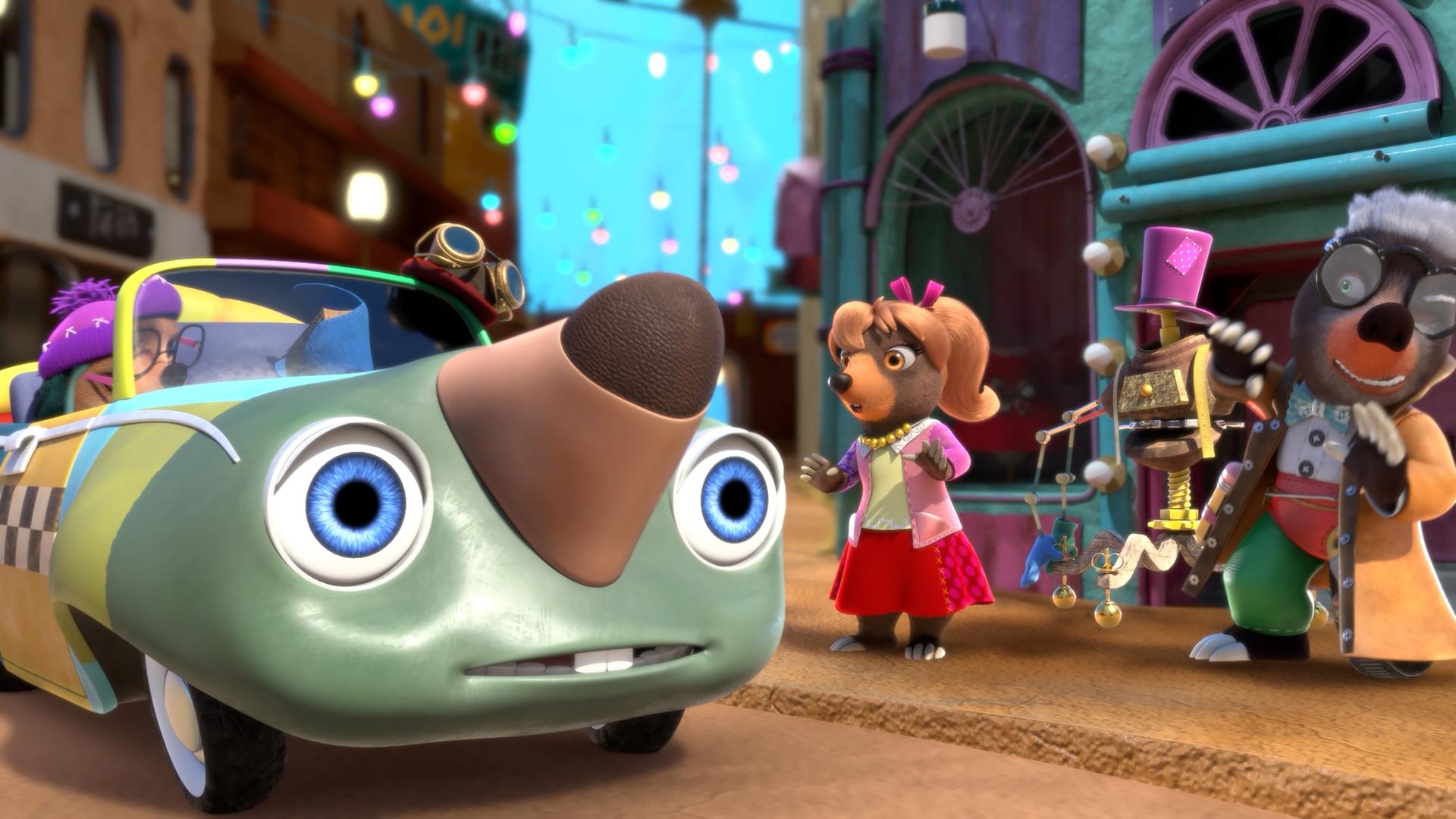 Dotty sitzt in einem Auto mit zwei großen Augen als Scheinwerfer und einer Nase auf der Motorhaube. Es ist der zum Auto verzauberte Maulwurf Moley. Mona Lisa und Mischmasch stehen mit erstaunten Mienen vor dem Auto.