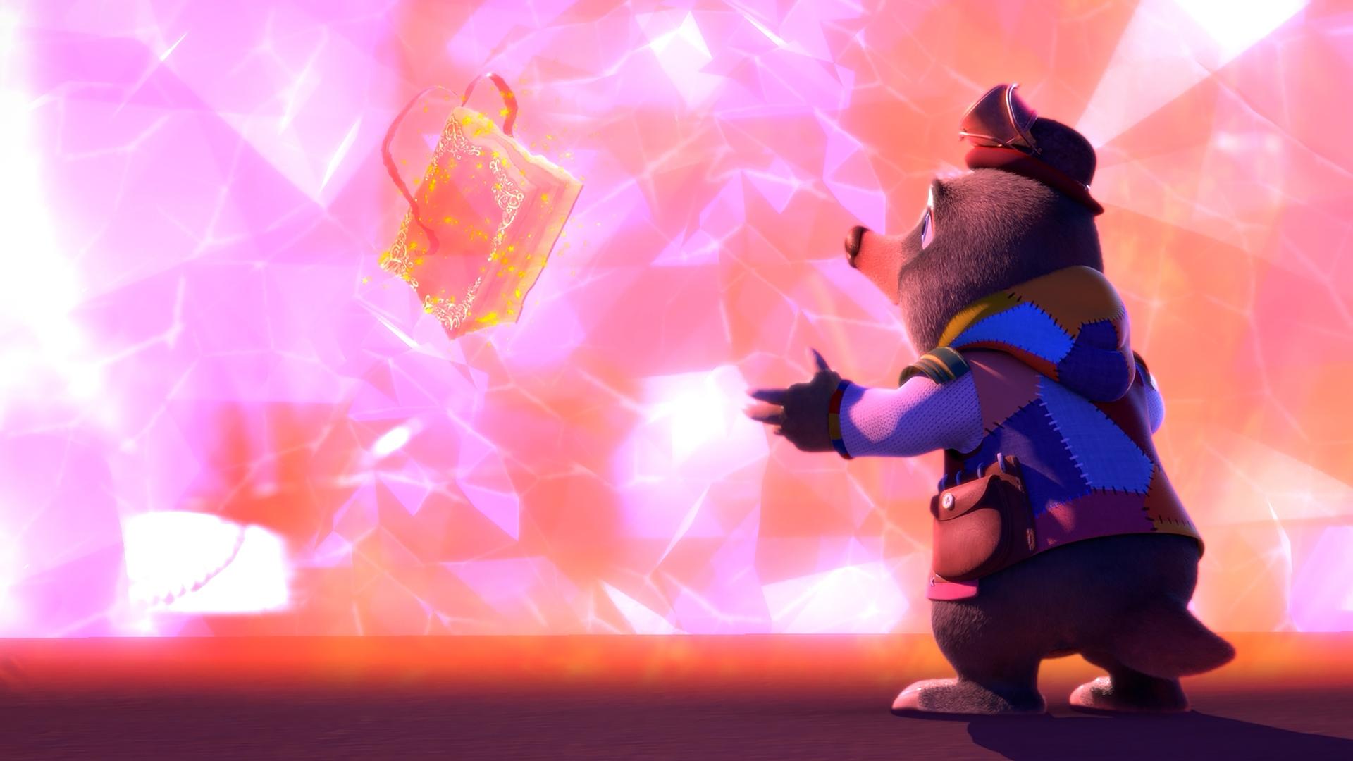 Maulwurf Moley steht vor einer durchsichtigen, rot-glühenden Wand, hinter der das magische Buch Mauli schwebt. Ganz offensichtlich kommt Moley nicht durch die Wand hindurch.