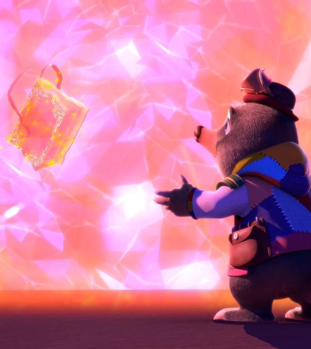 Maulwurf Moley steht vor einer durchsichtigen, rot-glühenden Wand, hinter der das magische Buch Mauli schwebt. Ganz offensichtlich kommt Moley nicht durch die Wand hindurch.