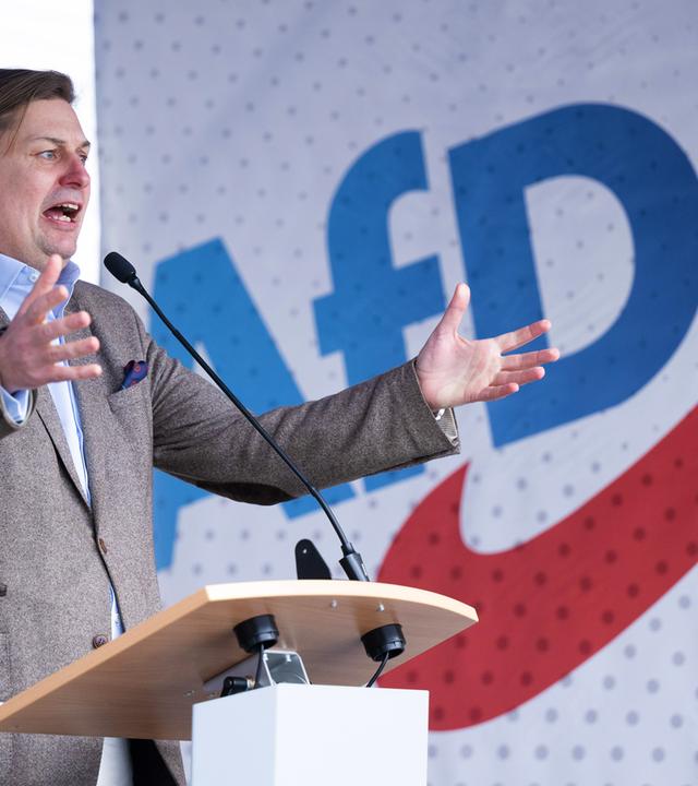 Ein Mann in Anzug steht mit ausgebreiteten Armen an einem Rednerpult. Im Hintergrund ist das Logo der AfD zu sehen.