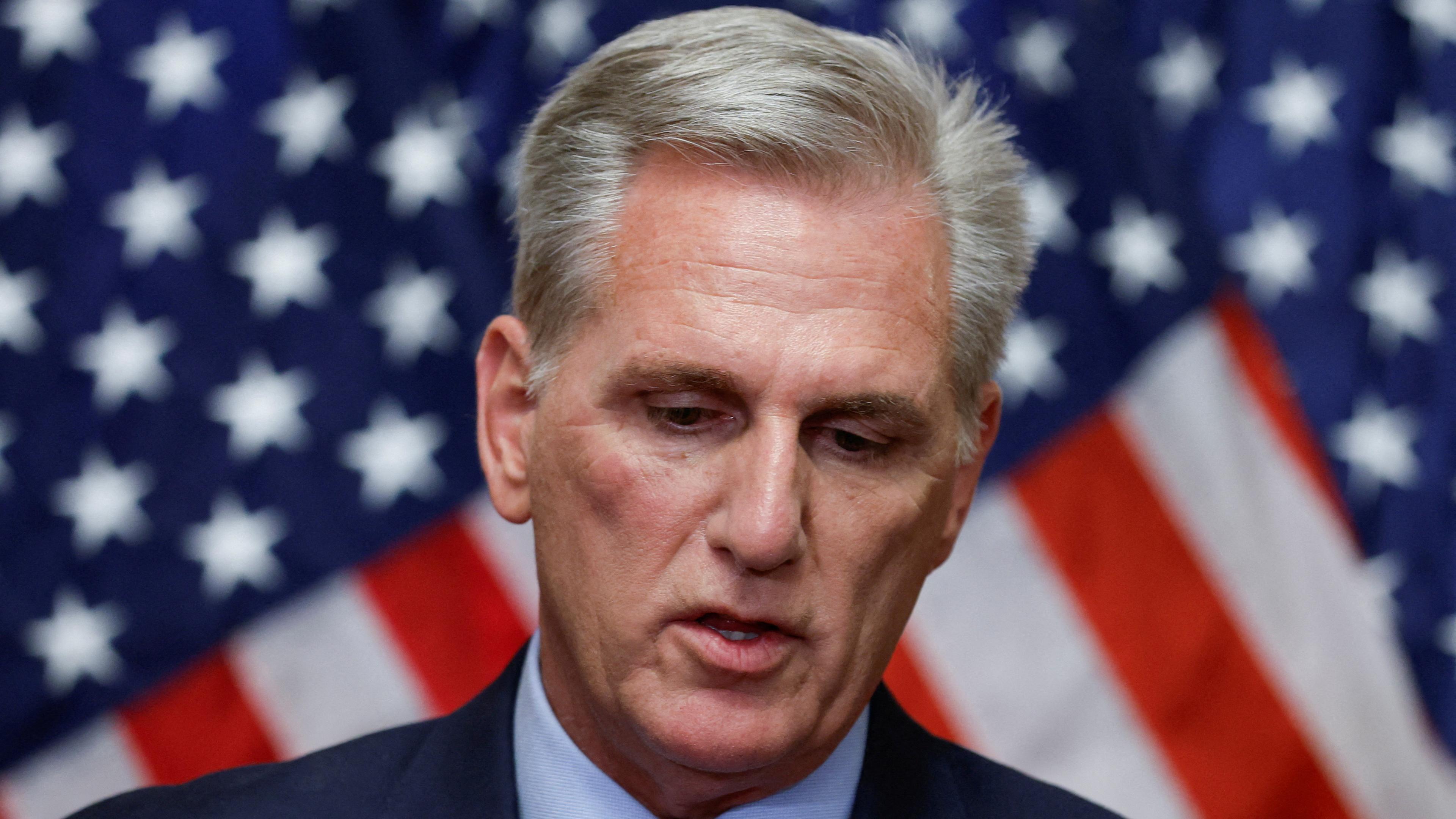 Former Speaker of the House Kevin McCarthy (R-CA) speaks to reporters after he was ousted from the position of Speaker by a vote of the House of Representatives at the U.S. Capitol in Washington, U.S. October 3, 2023.