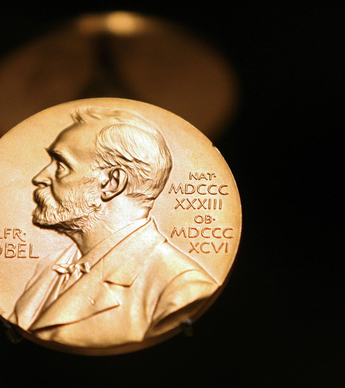Ansicht auf die Nobelpreismedaille mit Auschrift und Profil Alfred Nobels