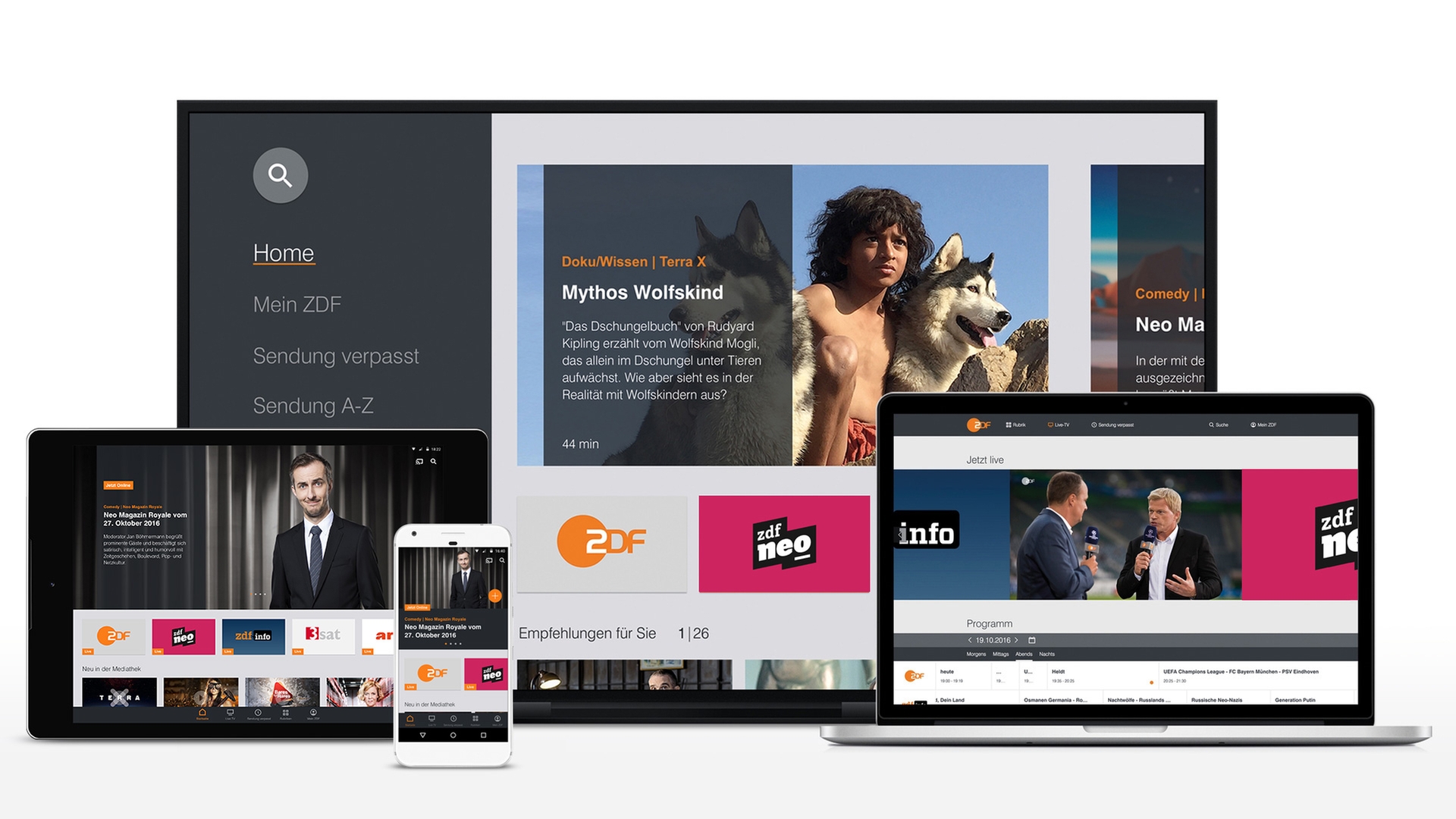 Die ZDFmediathek auf verschiedenen Endgeräten