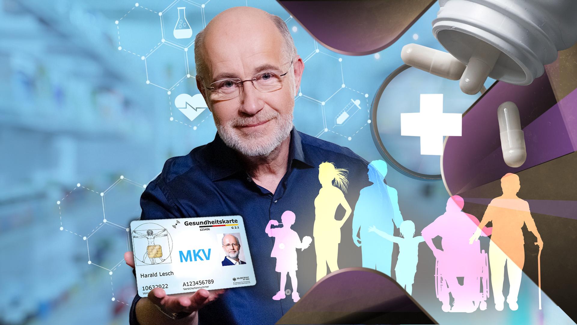 Harald Lesch mit Piktogrammen und Gesundheitskarte