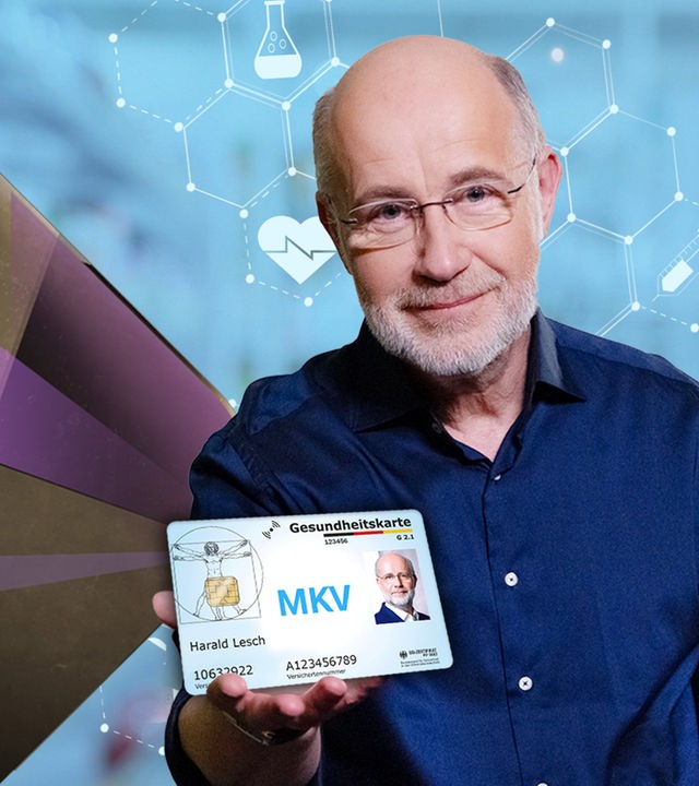 Harald Lesch mit Piktogrammen und Gesundheitskarte