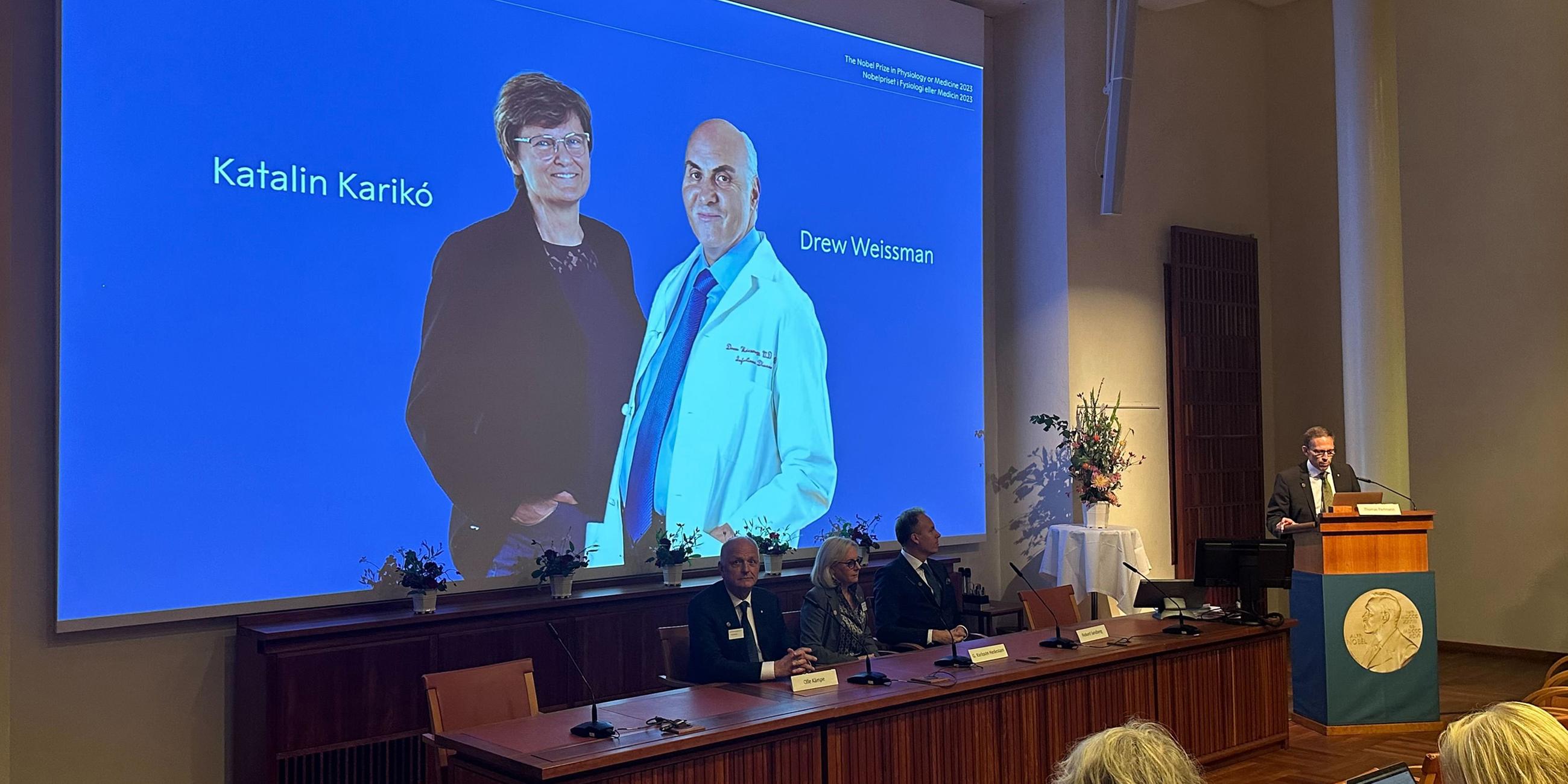 Fotos der Wissenschaftlerin Katalin Kariko und des Wissenschaftlers Drew Weissman sind bei der Bekanntgabe des Nobelpreises für Medizin auf einer Leinwand zu sehen.