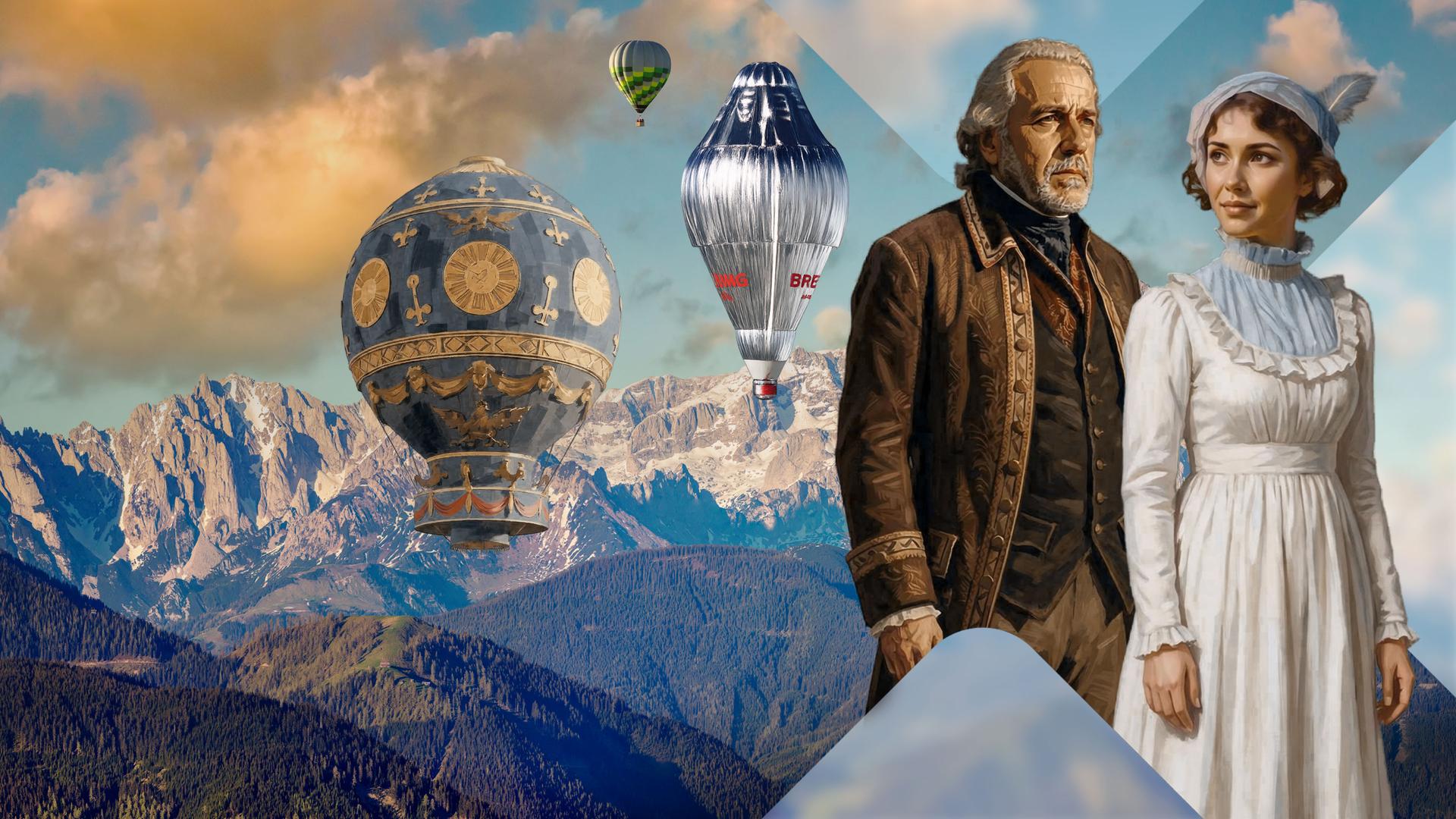 Pioniere der Ballonfahrt mit Ballons vor Bergkulisse (Collage)