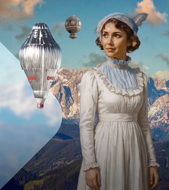 Pioniere der Ballonfahrt mit Ballons vor Bergkulisse (Collage)