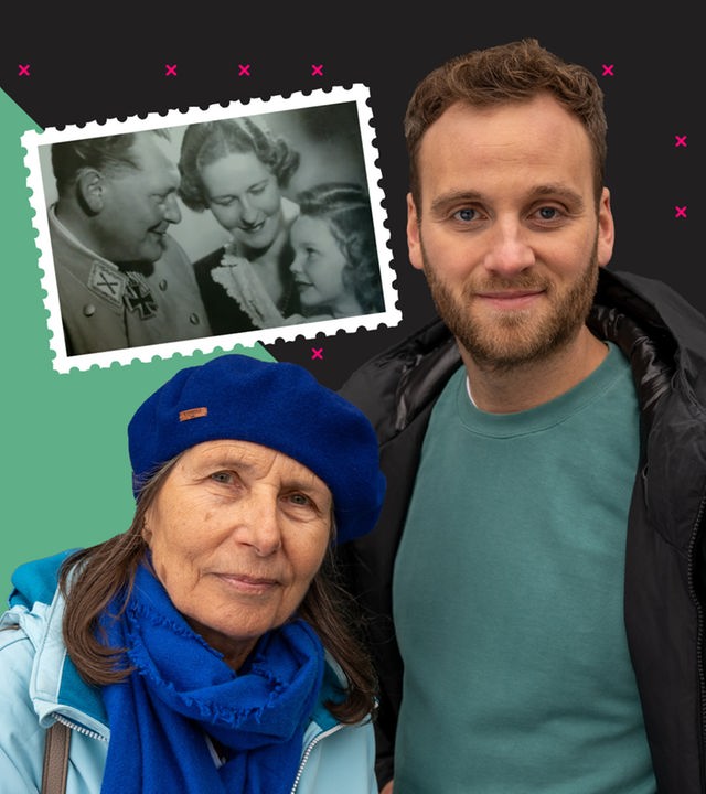 Dr. Leon Windscheid steht mit Bettina Göring, Großnichte von Hermann Göring, im Vordergrund. Neben ihnen ist ein altes Bild von Bettina Göring als Kind mit ihrem Großonkel und -tante.