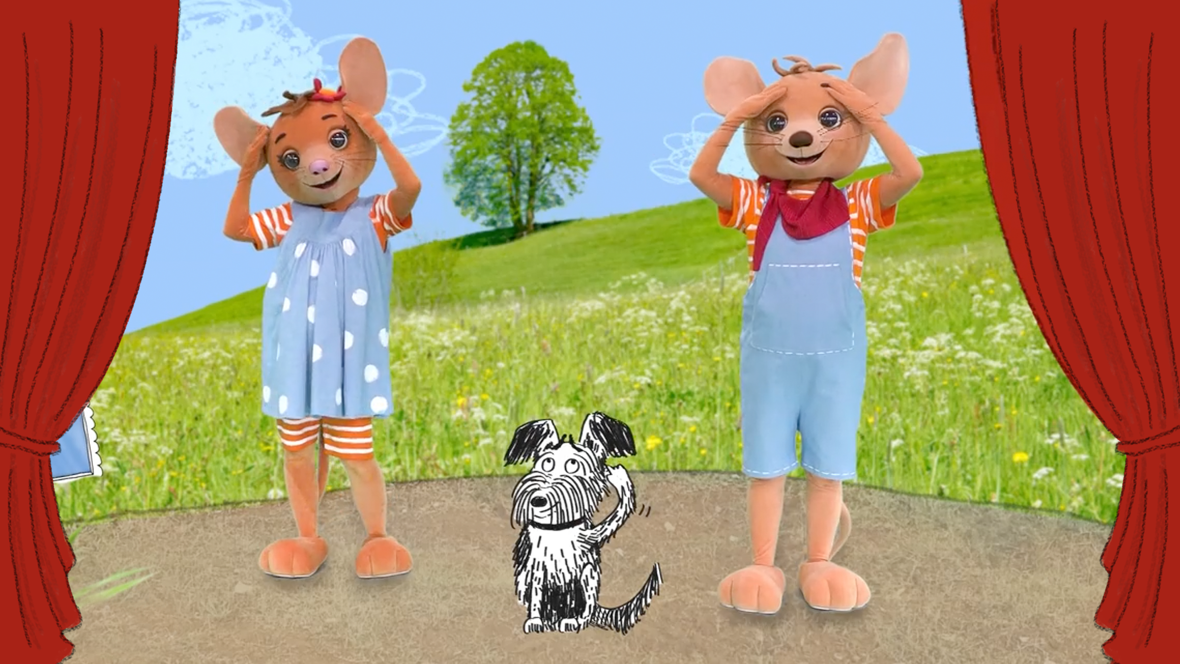 Naya (links) und Jo (rechts) stehen eingerahmt von roten Theatervohängen. In der Mitte zwischen ihnen sitzt ein gezeichneter, schwarz-weißer Hund. Er kratzt sich am Kopf. Jo und Naya haben die Hände ebenfalls zum Kopf gehoben.