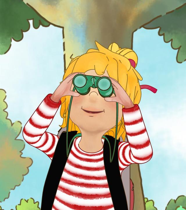 Conni und Anna schauen durch ihre Ferngläser und erkunden den Wald.