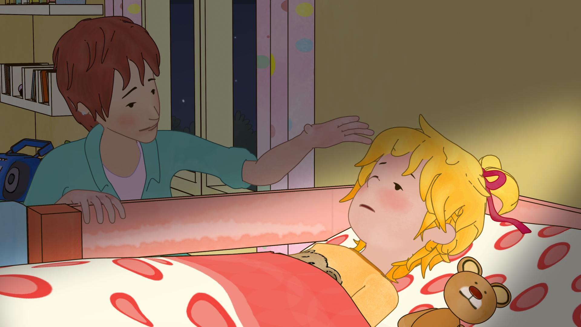 Conni liegt mit Schnupfen im Bett. Ihre Mutter sitzt links daneben und pflegt sie gesund.