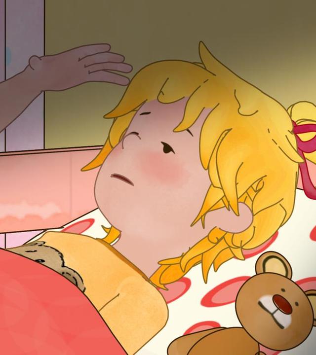 Conni liegt mit Schnupfen im Bett. Ihre Mutter sitzt links daneben und pflegt sie gesund.