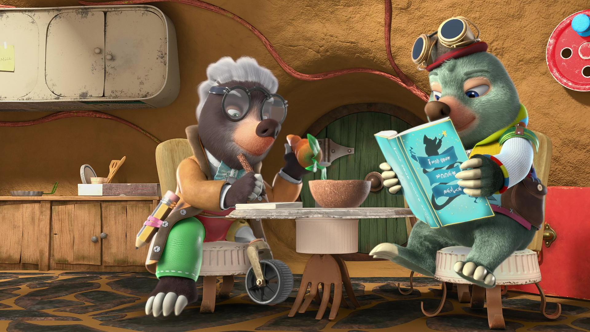 In Moleys Wohnung am Küchentisch sitzen Moley, der ein Buch liest, und Dottys Onkel Mischmasch, der etwas ihn sein Notizbuch schreibt.