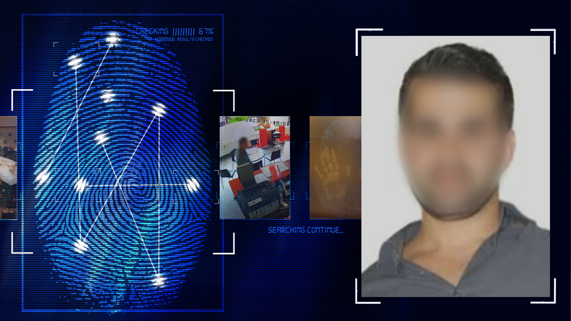 Portraitfoto eines Mannes. Das Gesicht wurde technisch verfremdet. Er hat dunkle kurze Haare und trägt eine gräuliches Hemd. Links daneben: Lichtschematische Darstellung eines Fingerabdrucks.