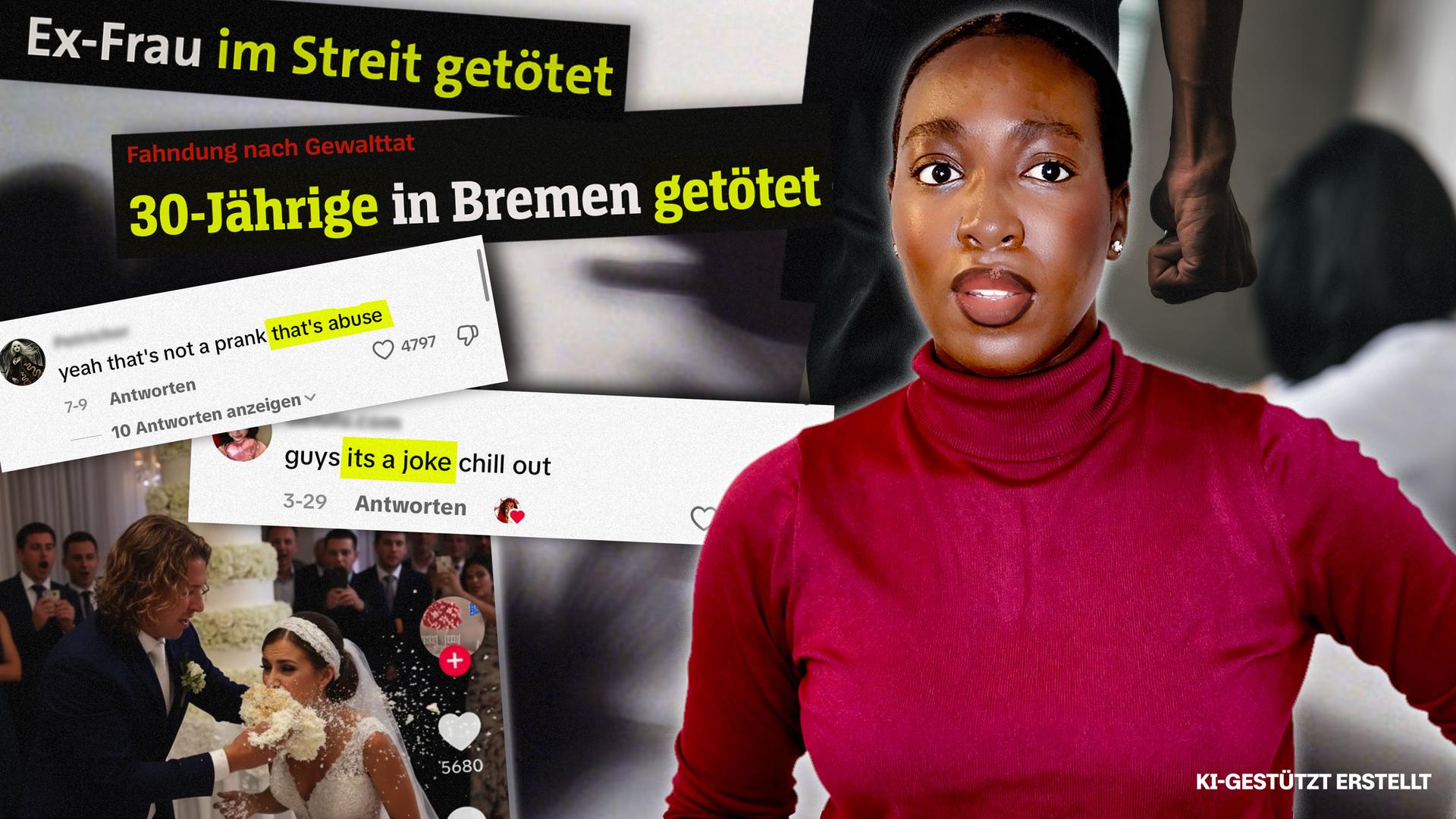 Rechts im Bild steht eine junge Frau, die erschrocken schaut. Links sieht man einen TikTok-Screenshot, auf dem ein Bräutigam seiner Braut Kuchen ins Gesicht haut. Darüber sind zwei Kommentare, der eine schreibt, dass es ein Witz sei, der andere, dass es Missbrauch sei. Darüber sind Screenshots von zwei Schlagzeilen, in denen geschrieben steht, dass Frauen von ihren (Ex-)Männern ermordert wurden. 