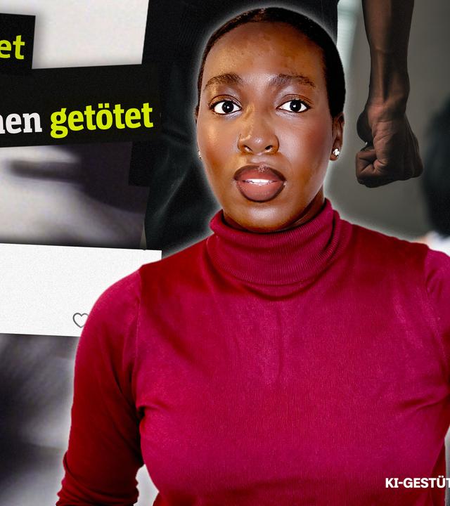 Rechts im Bild steht eine junge Frau, die erschrocken schaut. Links sieht man einen TikTok-Screenshot, auf dem ein Bräutigam seiner Braut Kuchen ins Gesicht haut. Darüber sind zwei Kommentare, der eine schreibt, dass es ein Witz sei, der andere, dass es Missbrauch sei. Darüber sind Screenshots von zwei Schlagzeilen, in denen geschrieben steht, dass Frauen von ihren (Ex-)Männern ermordert wurden. 