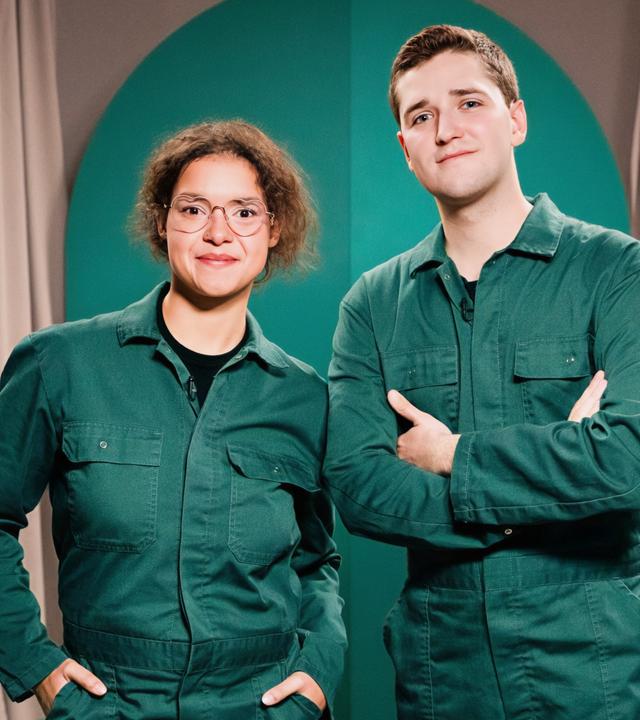 Die Gäste der Sendung, ein Mann und eine Frau, stehen im grünen Overall nebeneinander.
