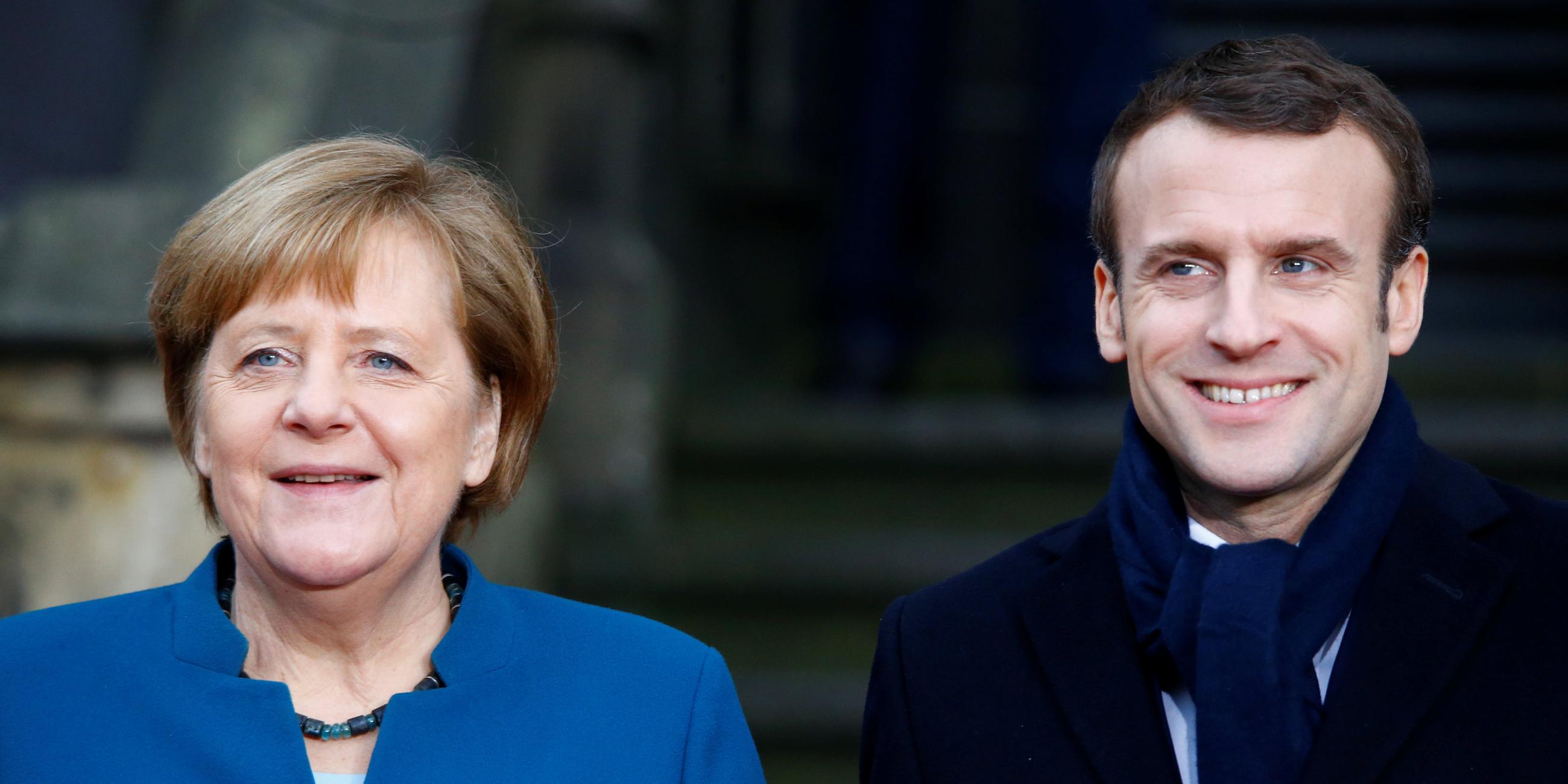Bundeskanzlerin Angela Merkel (CDU) und Frankreichs Präsident Emmanuel Macron in Aachen. 