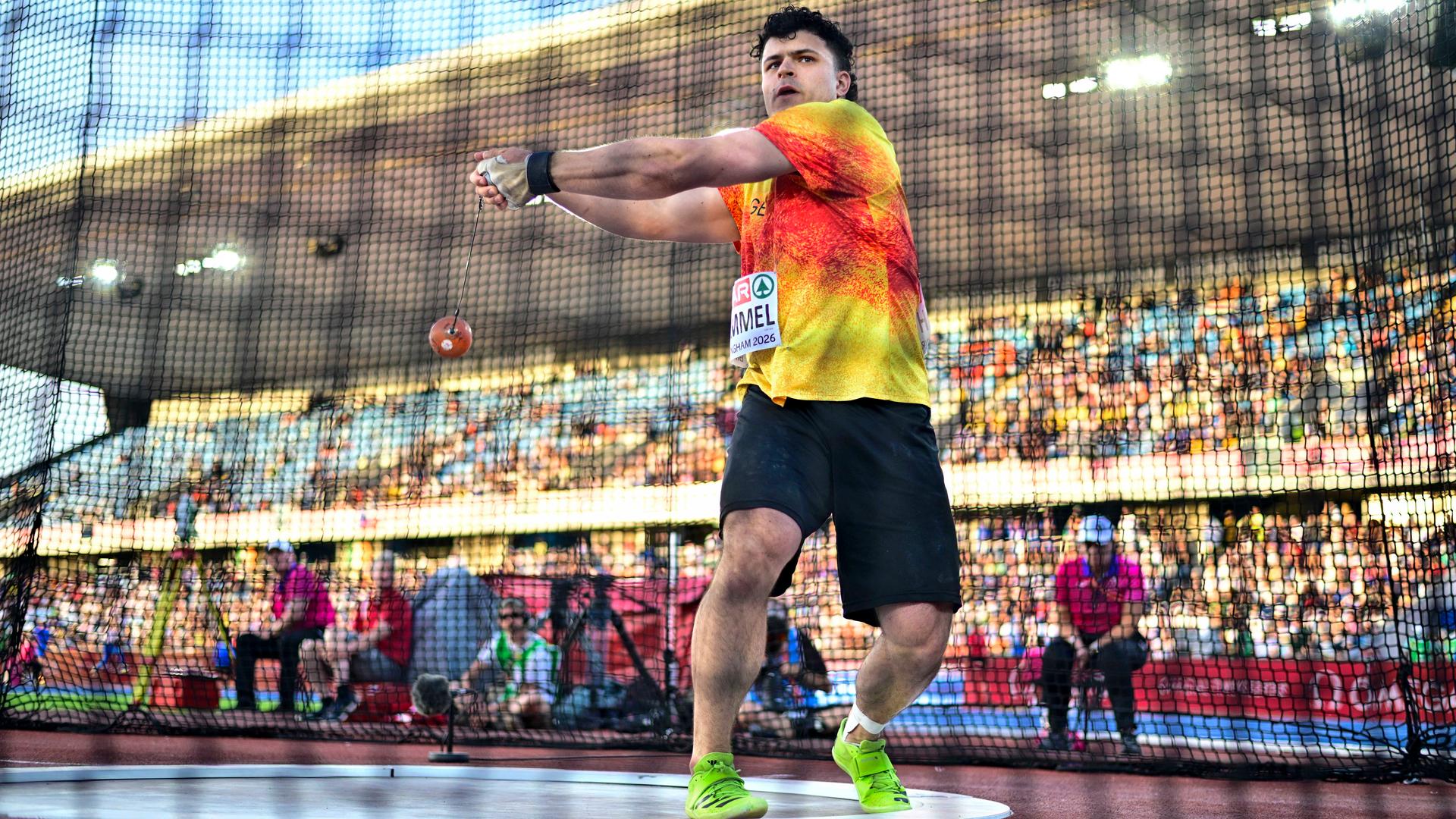 Merlin Hummel beim Hammerwurf der Männer bei den Leichtathletik-Europameisterschaften 2026.